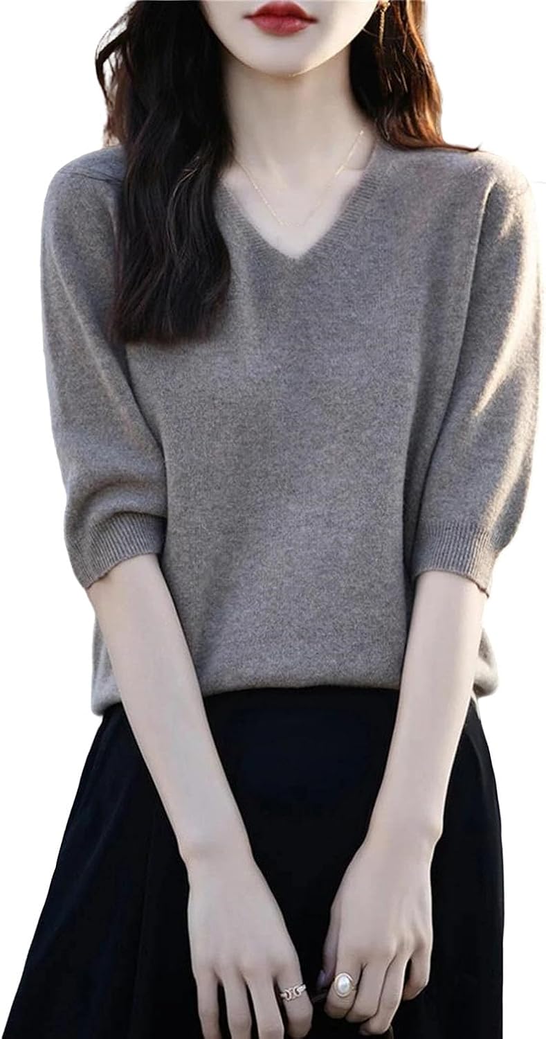 Women's Half Sleeve V-Neck Sweater Thin Cashmere Knit Pullover Solid Color Casual Top for Spring Summer