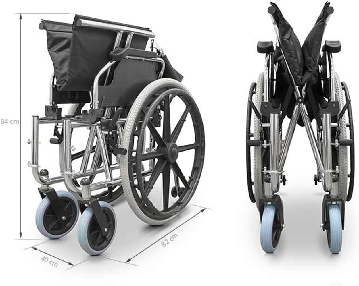 QUIRUMED Wheelchair folded, showing dimensions: 84 cm height, 40 cm width, 82 cm length.