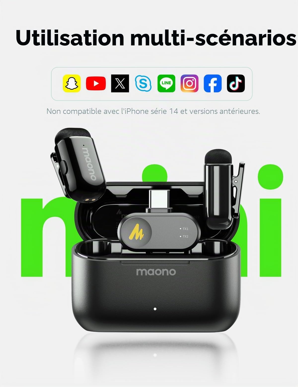MAONO Wave T1 Mini Micro Cravate sans Fil pour iPhone 16 15, Android, Tablette, PC, avec USB-C, Filtres Vocaux IA, Réduction de Bruit, 30h avec Boîtier de Charge, pour Vidéo TikTok Youtube