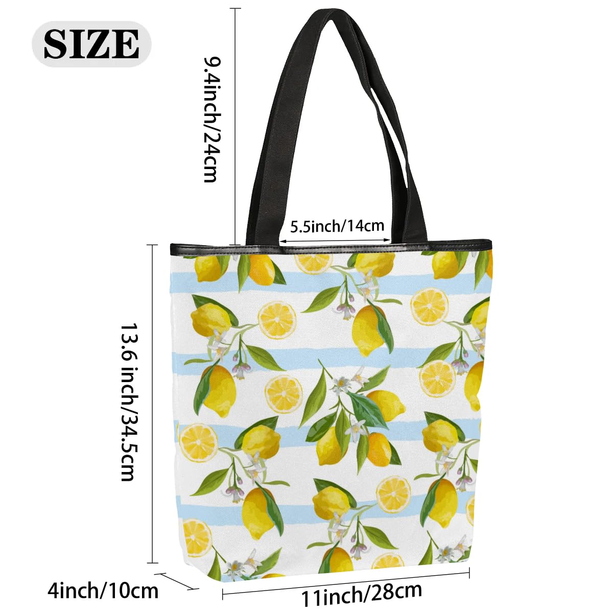 Mularoka Striped Lemon Leaves Canvas Tote Bag with Zipper and Pockets Canvas Tote Shopping Bag Women Reusable Grocery Bag for Beach Travel Gym Shopping