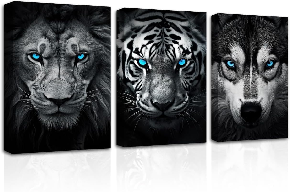 CXHOSTENT Black and White Animals Wall Art 3 Piece Tiger Lion Wolf Head with Blue Eyes Paintings Canvas Prints Wildlife Artwork Framed Office Decor (Animal-2, 60.00 x 90.00 cms x 3PCS) — image 1