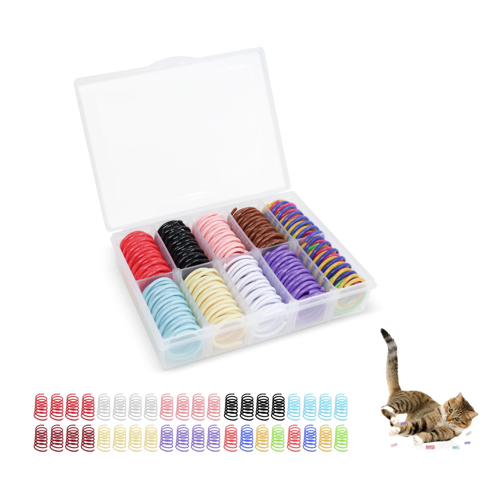 Andiker 40pcs Cat Spring Toys, Colorful Plastic Cat Spiral Toy to Release Energy and Keep Fit Bounce with a Storage Box Interactive Cat Toy for Swatting, Biting, Hunting Kitten Toys