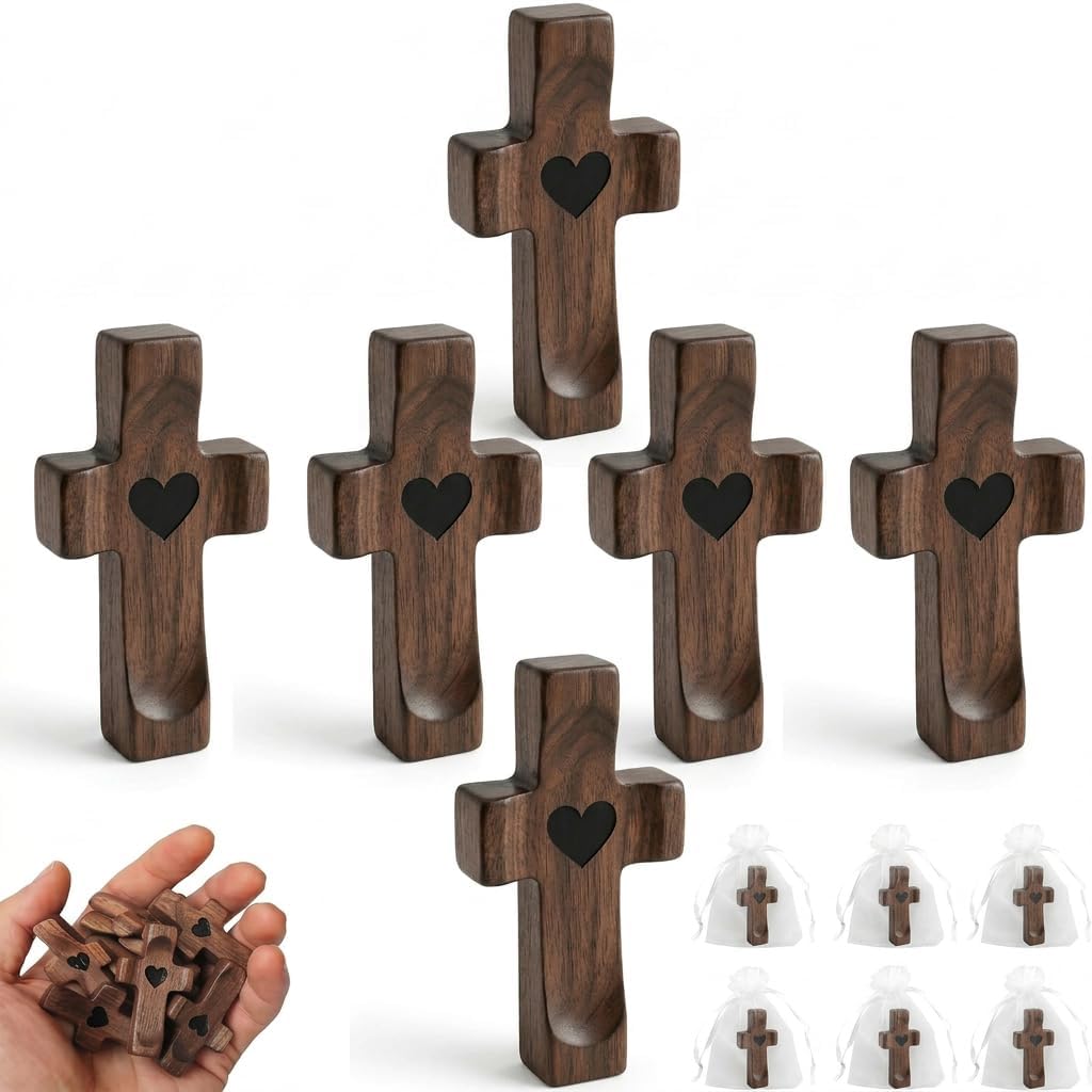 Uelkr 6Pcs Pocket Wooden Cross Fidget, Cross My Heart, Encouragement Gift Stress Relief Cross, Relieve Anxiety Easter Gift for Prayer Clutching Clinging and Praying Christian Religious