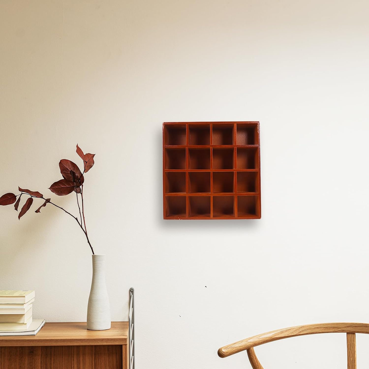 DOITOOL Wooden Cubby Display Shelf 16-Compartment Wall Mounted Storage Box for Home Decor Collectibles Cosmetics 15.74X15.74X2.95 Inch