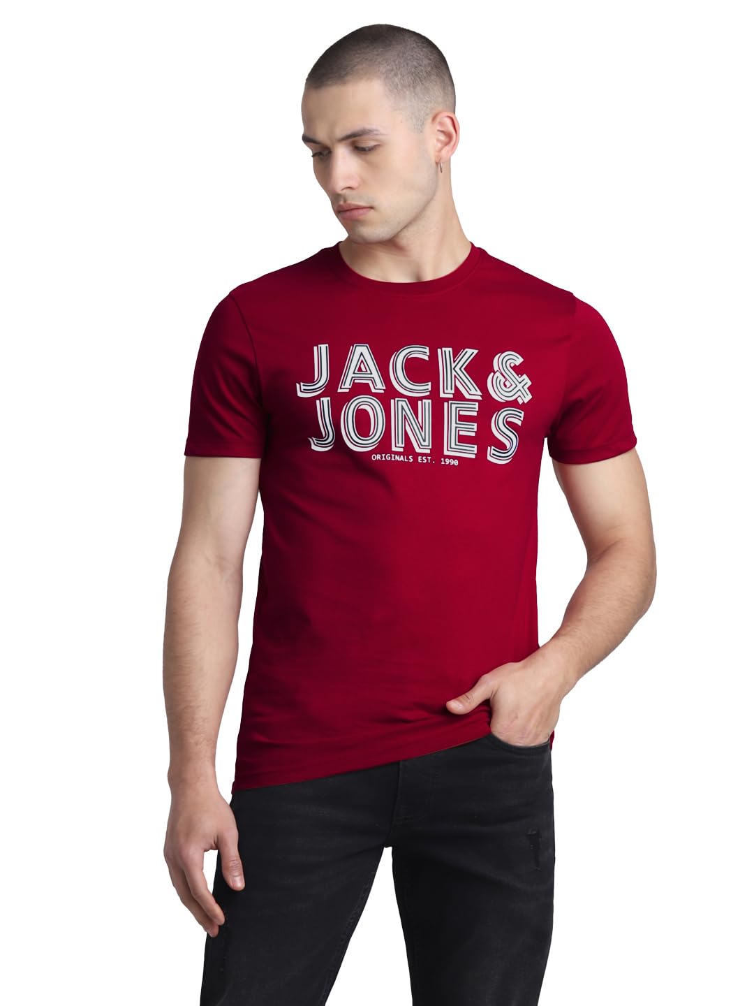 Jack & Jones Typography Printed Cotton Round Neck Short Sleeves Applique Slim Fit T-Shirt in multi