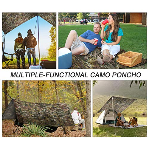 Fousam Camo Poncho, Waterproof Ripstop Hooded Raincoat Lightweight Packable Rain Cover for Hunting Camping Backpacking Emergency Tent Shelter Cp Woodland