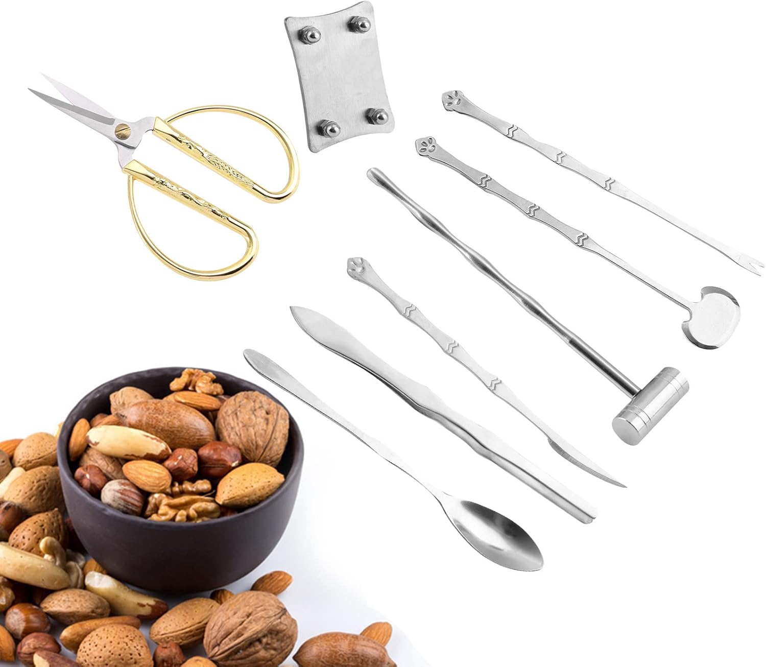 8PCS Lobster Crab Cracker Tools Set, Stainless Steel Seafood Claw Tool Kit with Hammer Spoon Scissors Fork Tweezers, Durable Shellfish Nut Cracker for Kitchen Restaurant Home Use