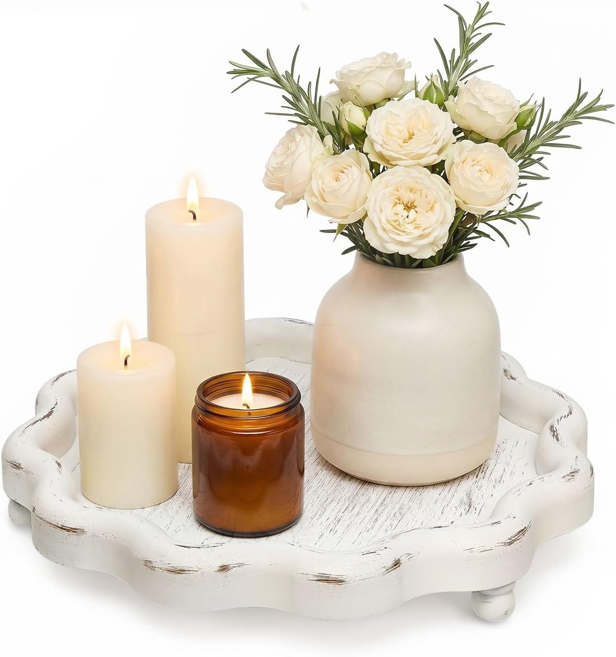 12 Inch Round Tray Decor,Wood Decorative Candle Plate （Shabby White）
