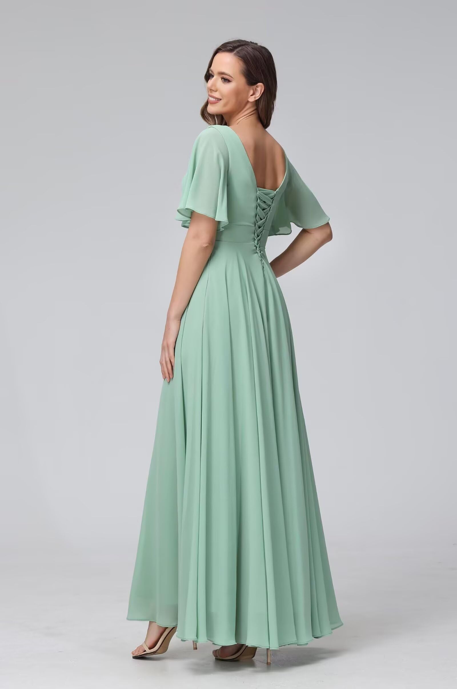 HUINI Chiffon Brautjungfernkleider mit kurzen Ärmeln A-Linie Langes formelles Abendkleid mit Taschen