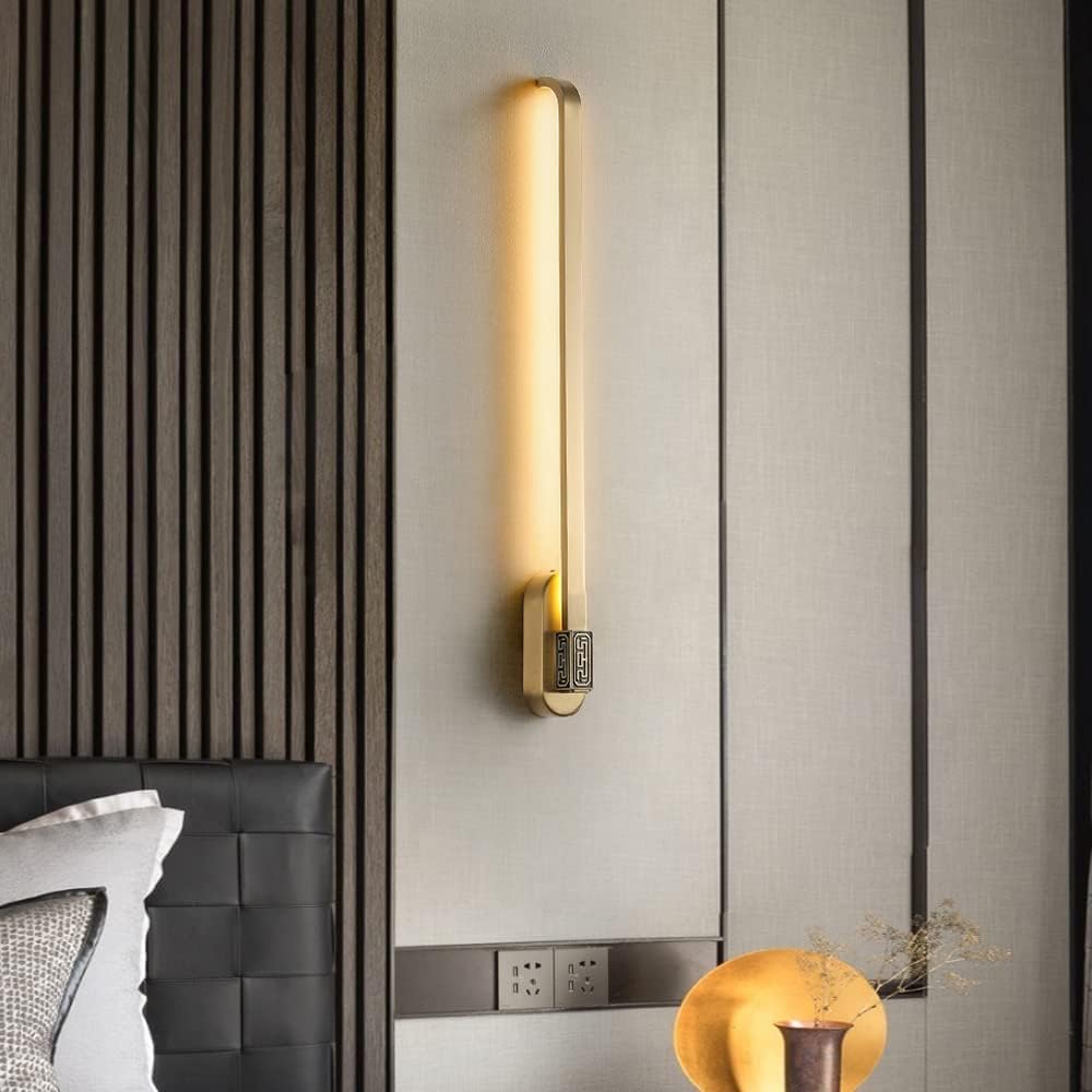 ASerZenith Led Wall Lamp, All-Copper Chinese 丨Long Living Room Wall Light E27丨 Art Wall Sconces丨Black Rubbed Gold Sconces丨Bedroom Bedside Wall Mount Fixtures(Gold-B)