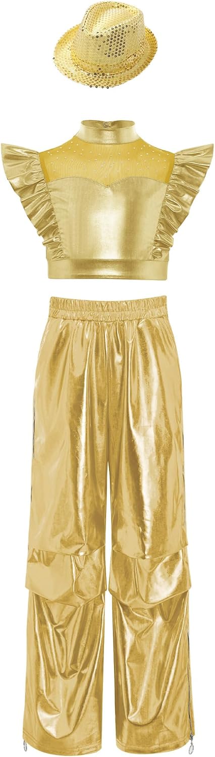 Kids Girls Stage Dance Outfit Metallic Rhinestone Crop Top With Tear Away Cargo Pants & Gold 12 Years