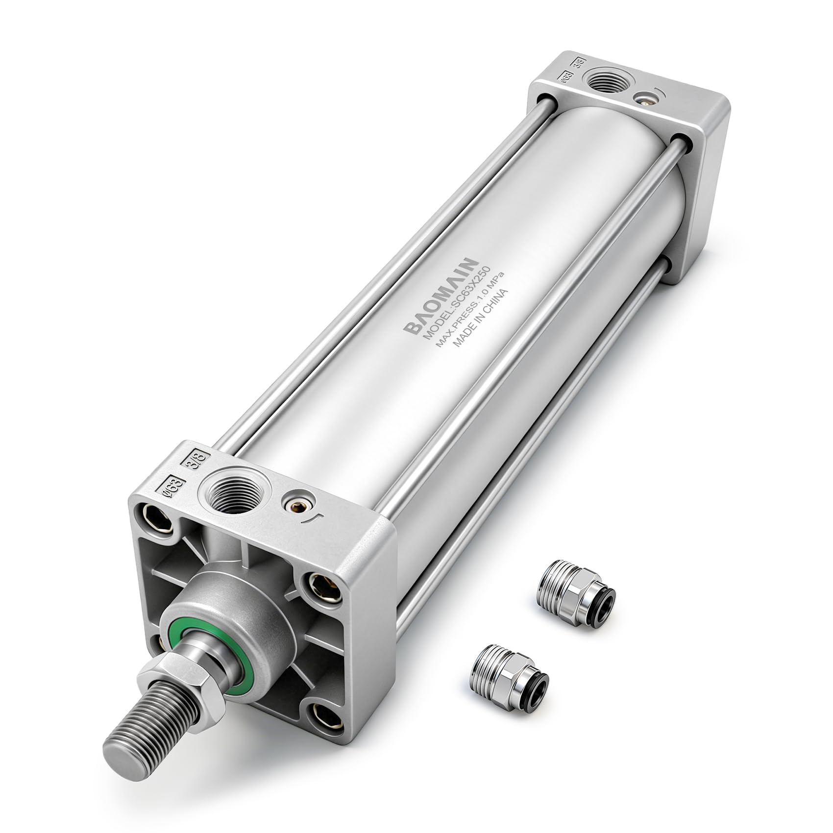 Baomain Pneumatic Air Cylinder SC 63 x 250, PT 3/8 Port, 2-1/2" Bore, 9.84" Stroke, Single Rod Double Acting, M16x1.5 Threaded Rod, with 2X Push-in Fittings