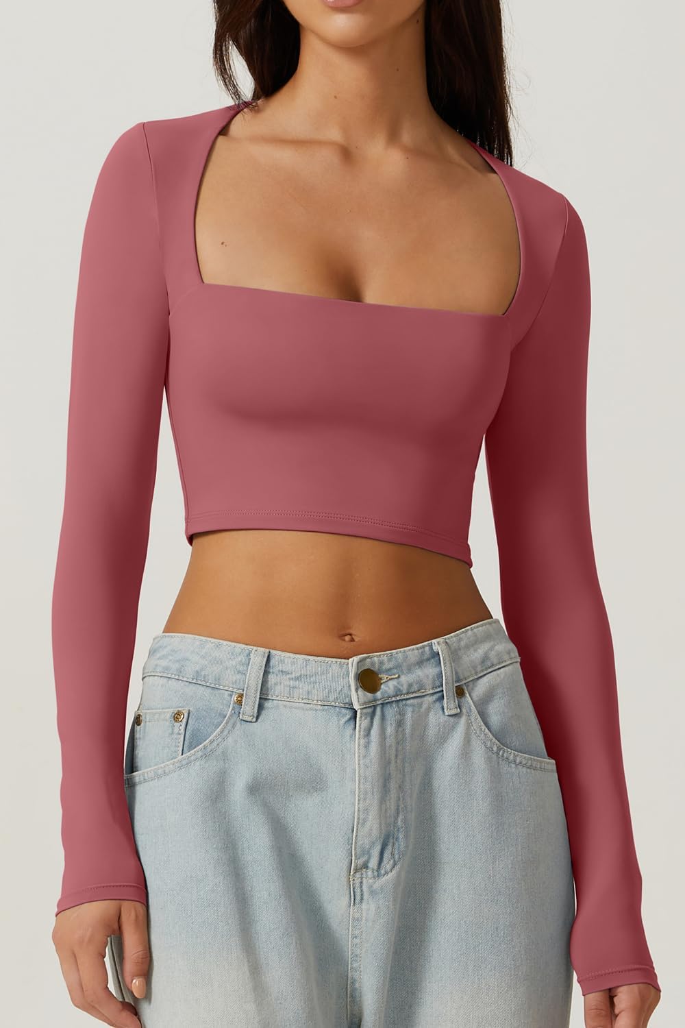 QINSEN Women's Sexy Square Neck Crop Top Long Sleeve Slim Fit Cropped T Shirts - Image 3