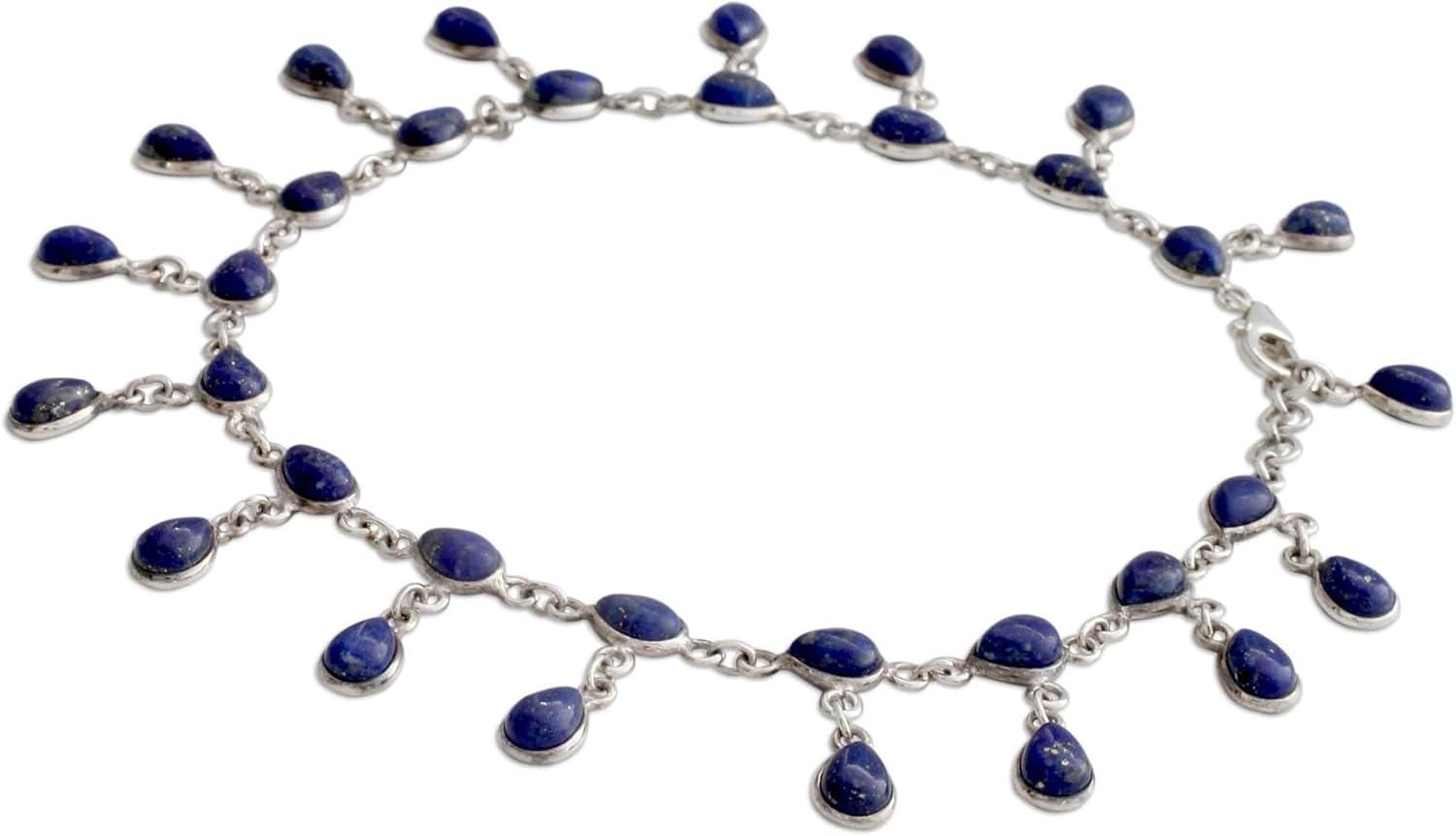 NOVICA Artisan Handmade Lapis Lazuli Anklet 925 Silver from Indian Artisan Sterling Blue Link Snorkel Birthstone [10.25 in min L x 10.75 in max L x 0.8 in W] ' Royal Dewdrops'