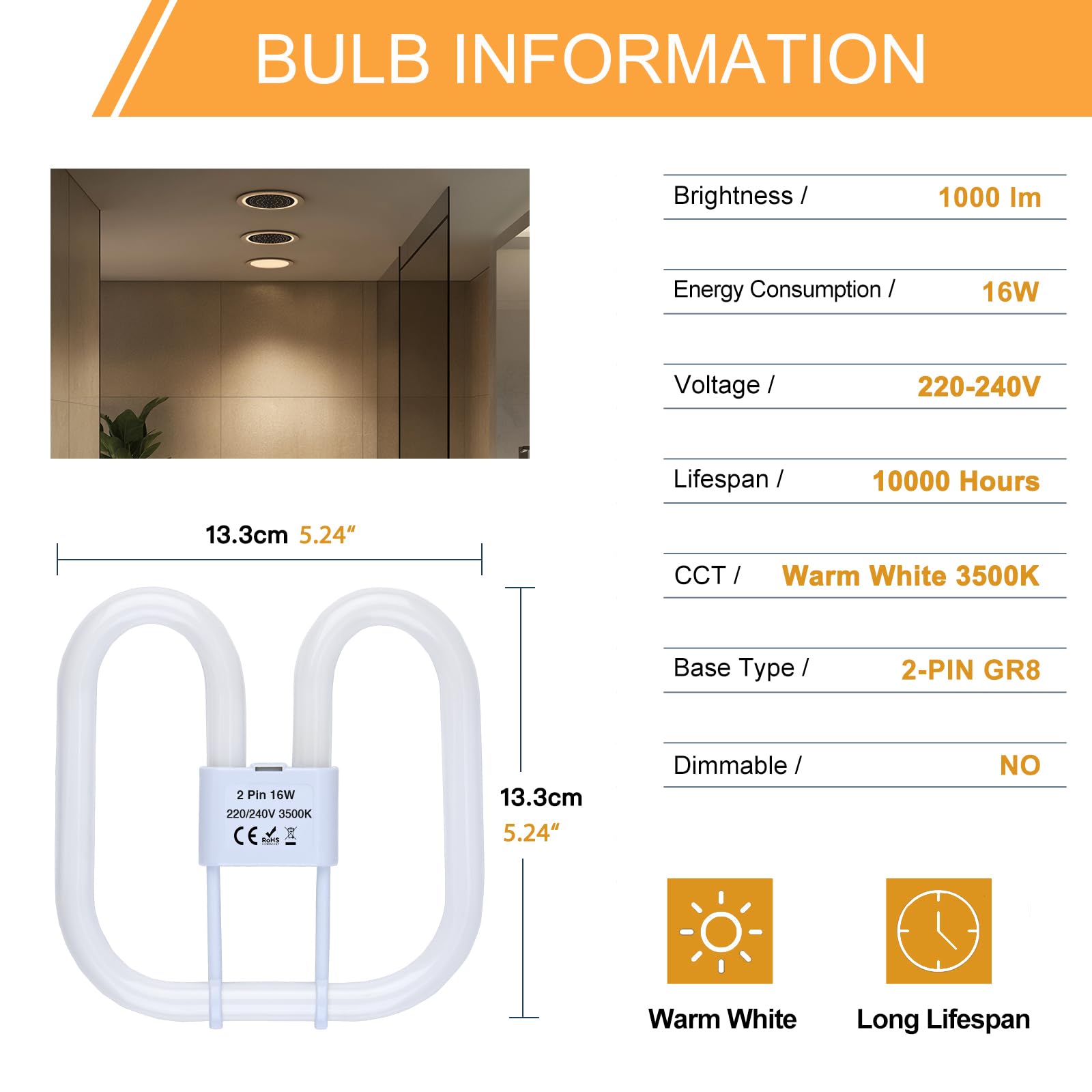 GR8 16W 2 Pin Light Bulbs, Compact Fluorescent Light, GR8 2D Square Bathroom Light Bulb, CFL Low Energy Ceiling Light Bulb - Image 2
