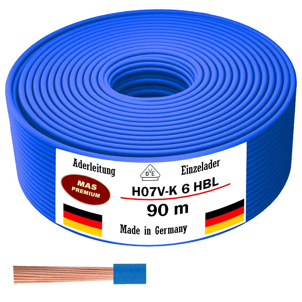 Cable de 5 a 100 m H07 V-K 1 x 6 mm², negro, marrón, azul oscuro, amarillo, gris o azul claro, cable individual flexible (azul claro, 90 m).