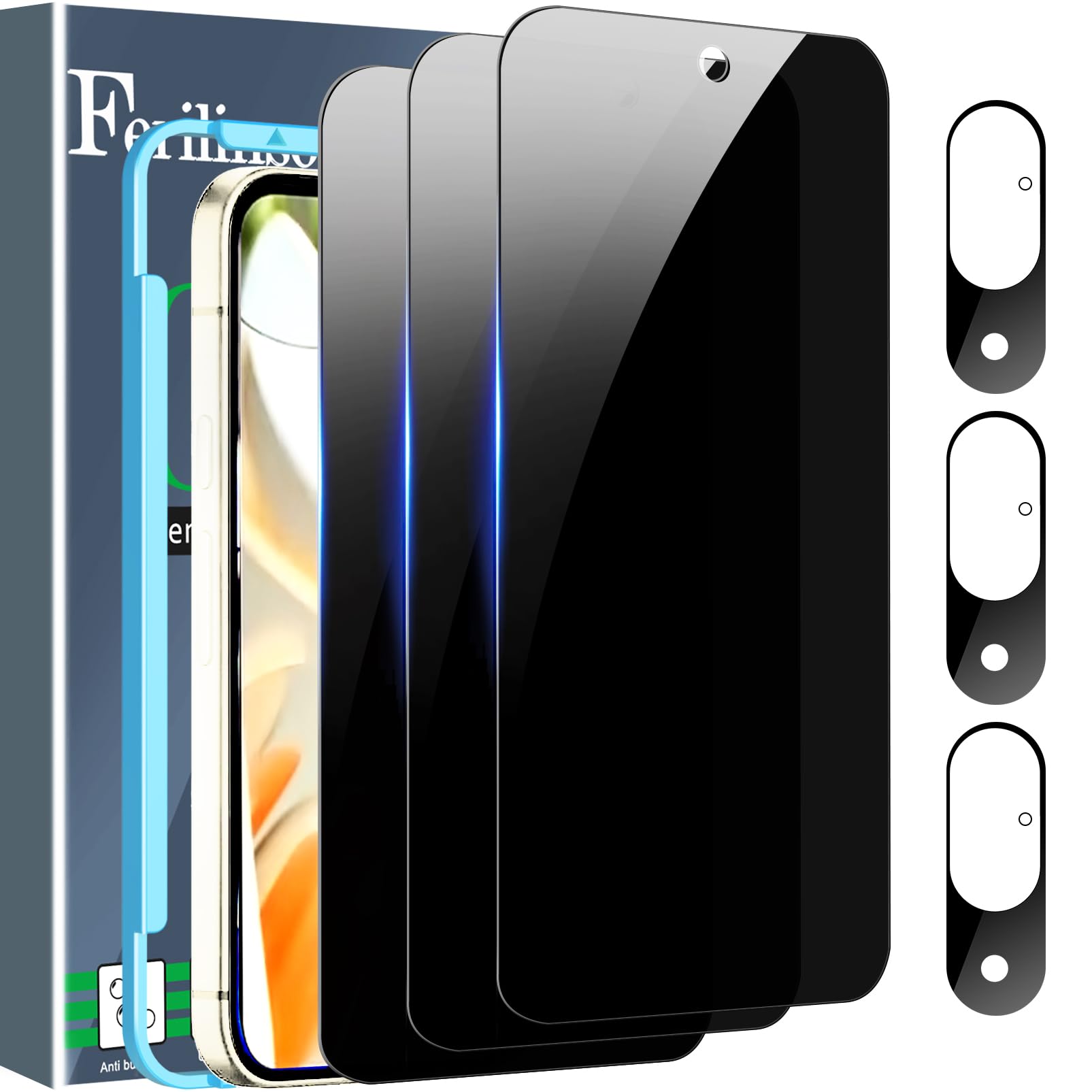 Ferilinso Full Coverage 3 Pack Privacy Screen Protector for Google Pixel 9 [Phone Case Friendly], 3 Pack Tempered Glass Camera Lens Protector Accessories [Auto- Dusting & Adhesive]