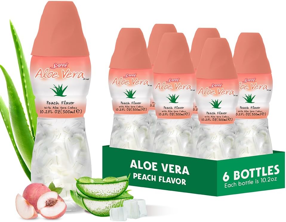 Aloe vera juice (Peach flavored) with bigger chunky pure aloe pulp (6 Packs) Plant based juice great for hydration and contains large aloe pulp. It is healthy for adults and kids
