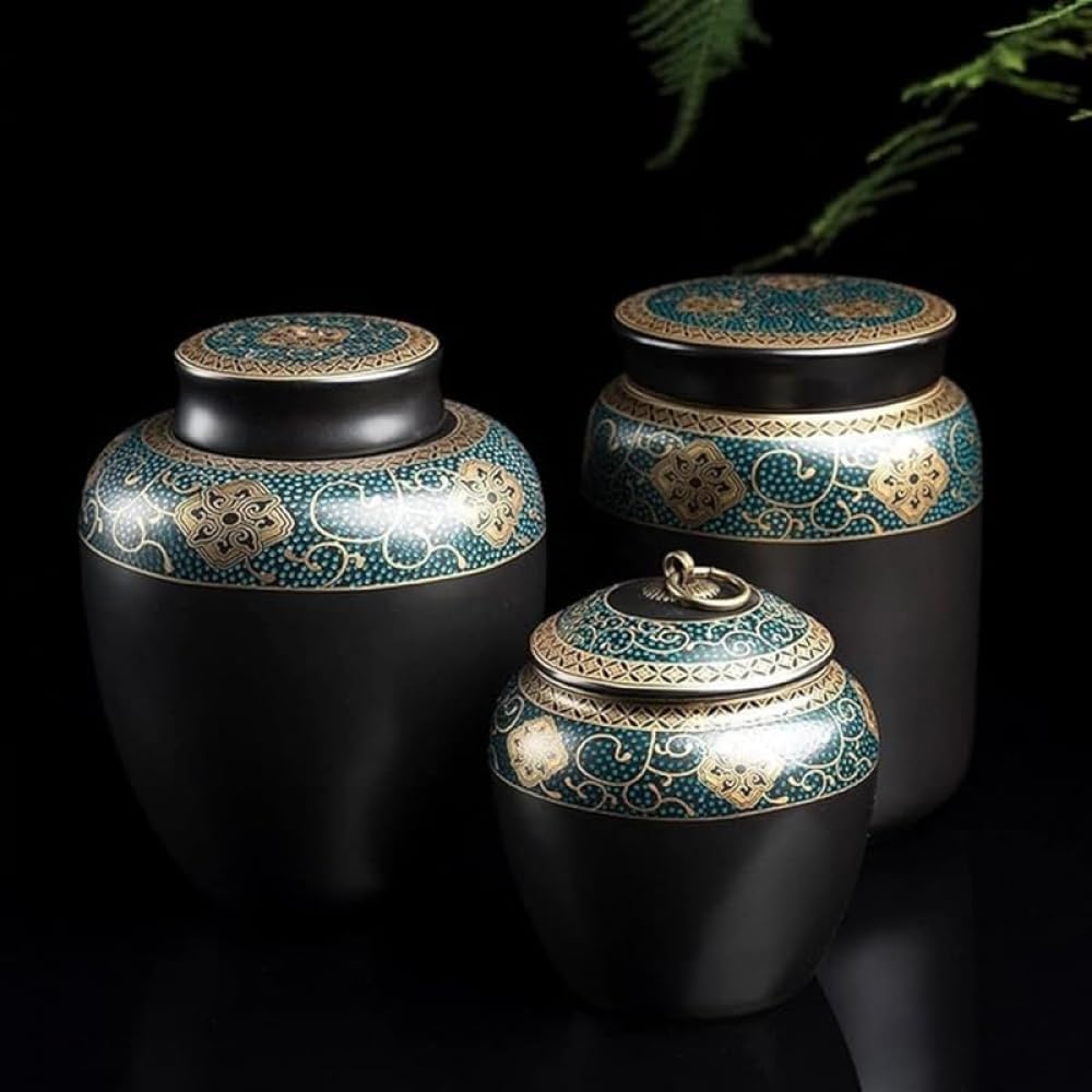 Rutexc愛しいペットのための伝統美あふれる陶磁器製骨壺 深みのある黒地に金とターコイズの華やかな絵柄 かわいい動物の遺骨を尊厳と
