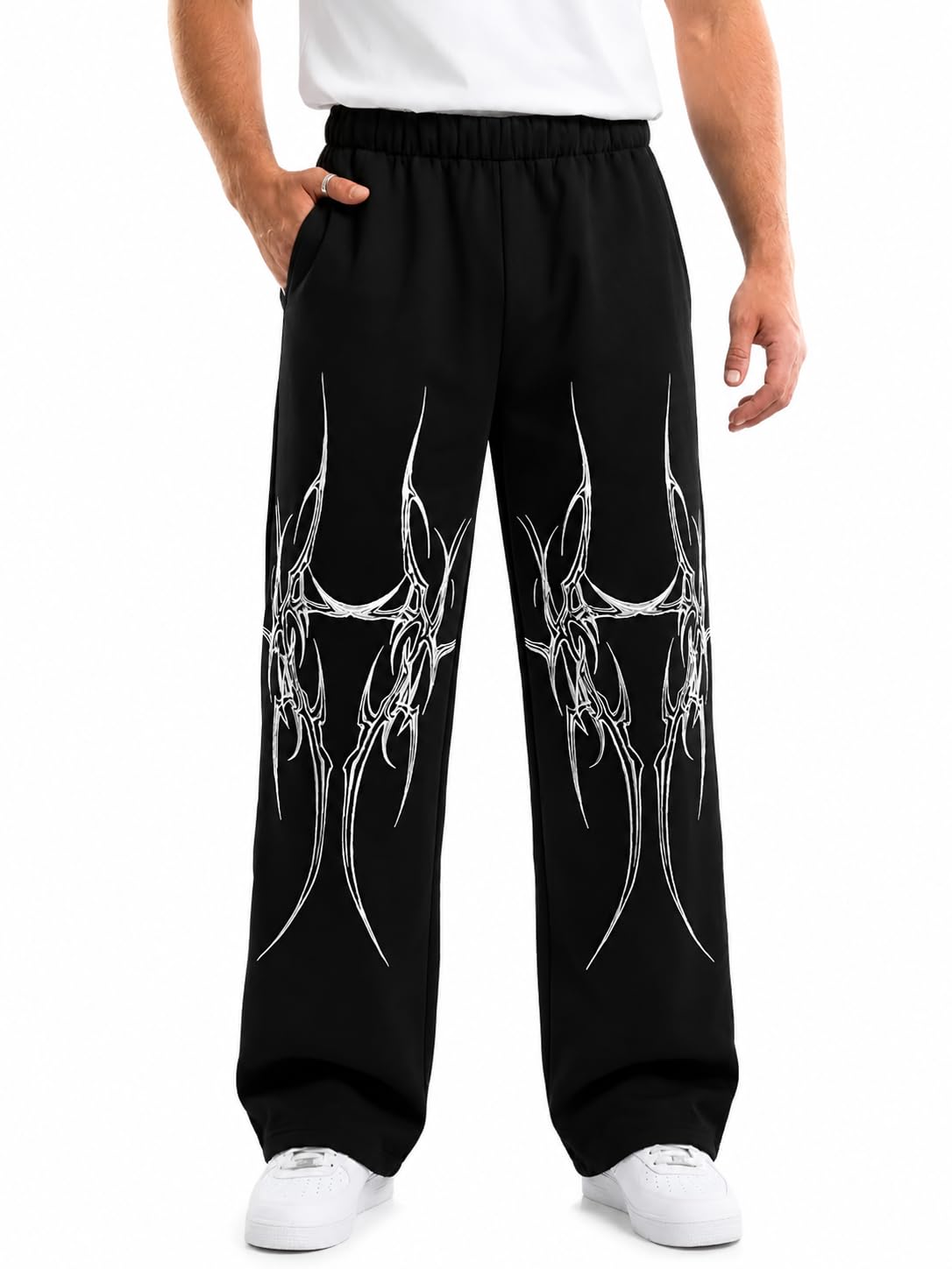 tedwoods Men’s Y2K Graphic Print Pants | Black Wide Leg Streetwear Trousers with Gothic Tribal Design-picture-11