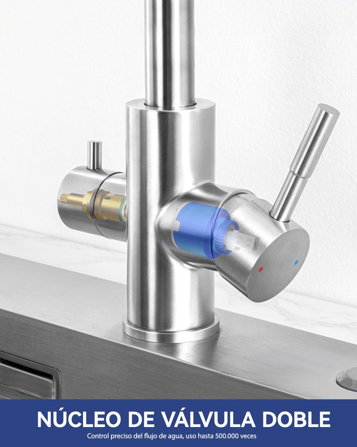 Grifo Cocina 3 Vías, Grifo Osmosis con 2 Palancas, Grifo de Cocina Fregadero con Agua Fría y Caliente y Agua Filtrada, Acero Inoxidable Cepillado, Giratorio 360°（Sin Purificador de Agua）