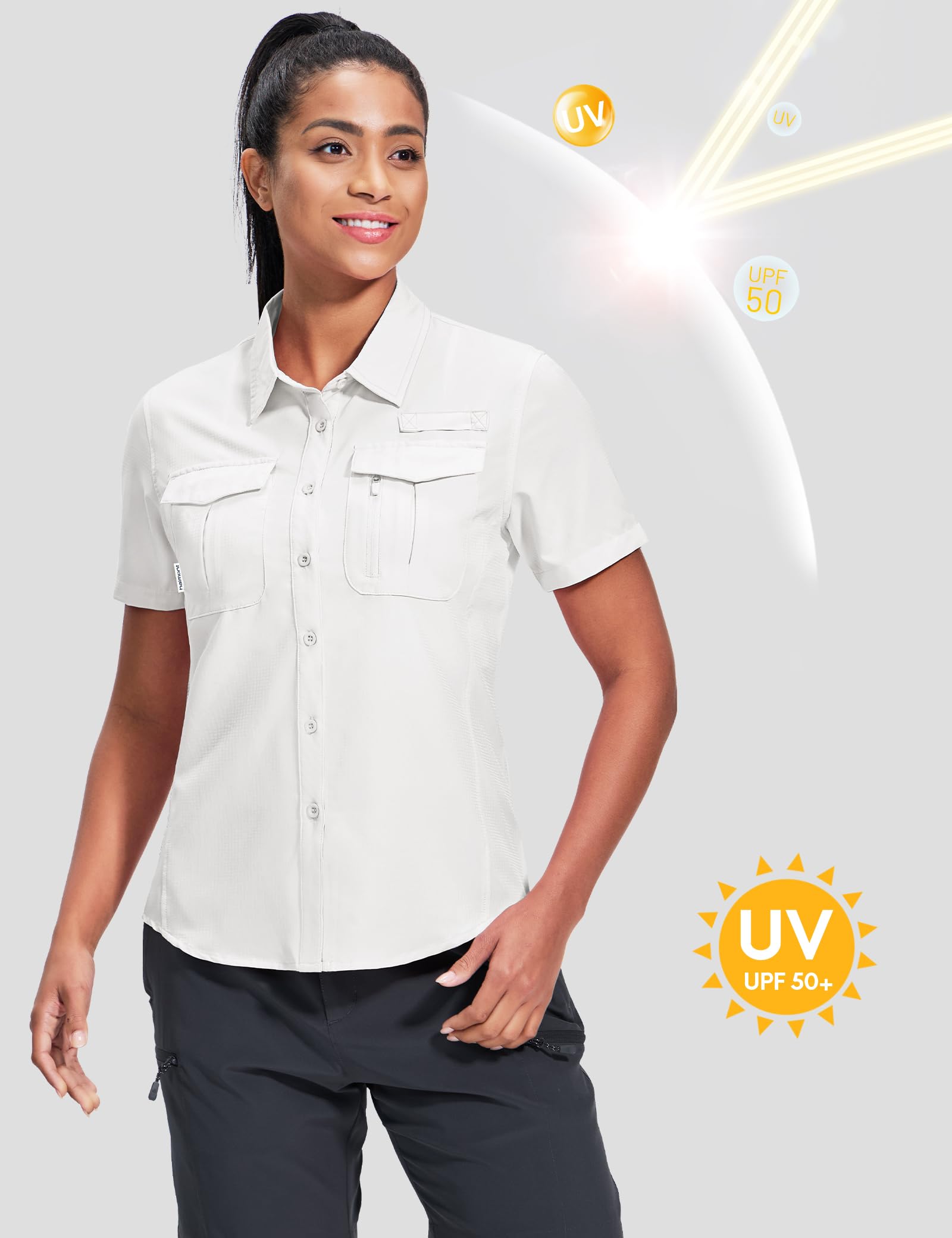 Haimont Hemdbluse Damen UPF50+ UV Schutz Outdoorhemd Atmungsaktiv Schnelltrocknend Safari Hemd Kurzarm Angeln Reisen Wander