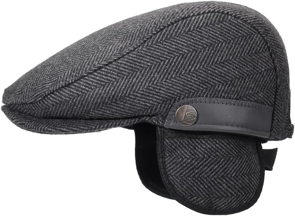 Men's Newsboy Hat with Earflaps Flat Ivy Cap Cabbie Driving Winter Hat