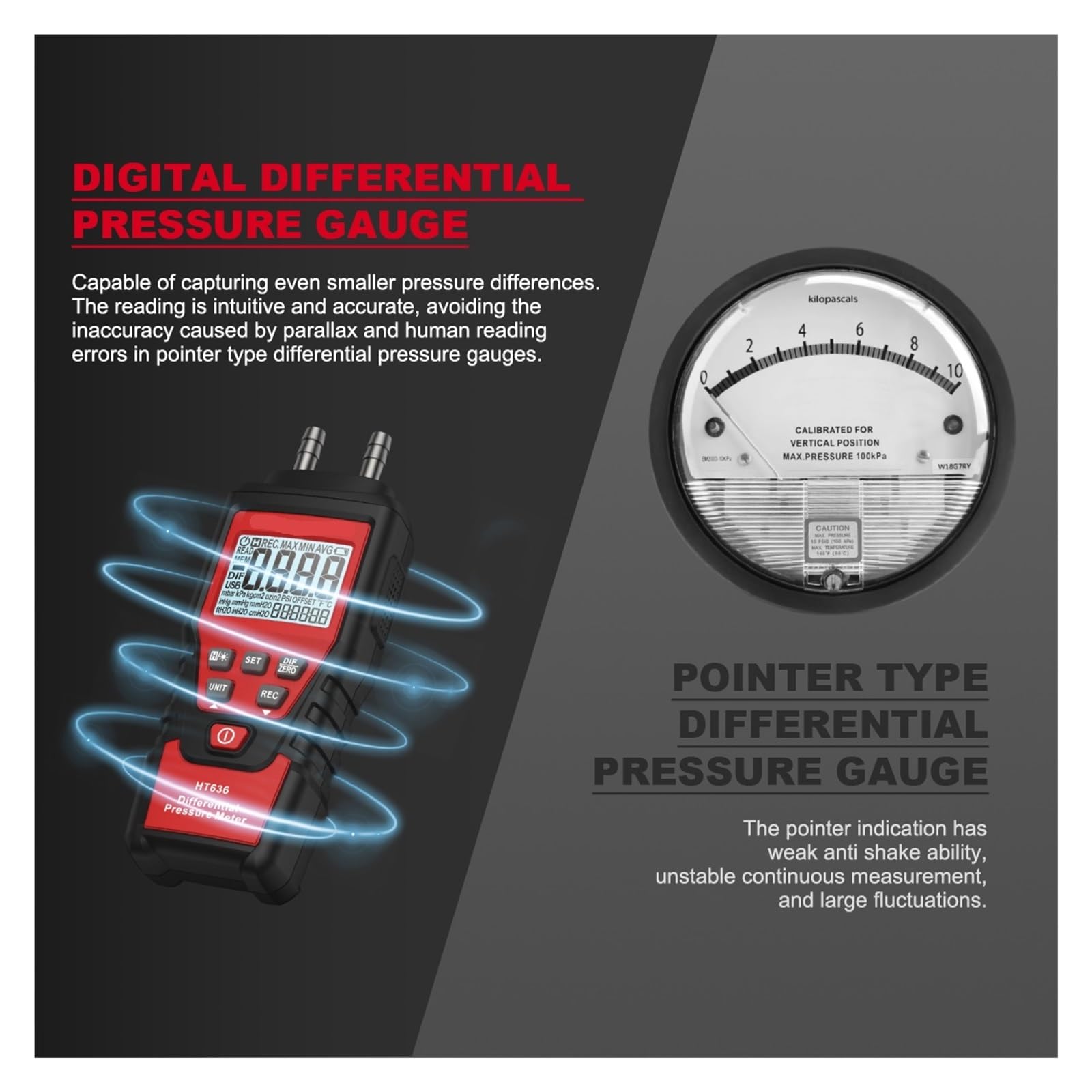 HT636 Manómetro digital de presión diferencial pantalla LCD servicio HVAC | Mide presión diferencial de aire para conductos HVAC, filtros, ventilación y diagnóstico