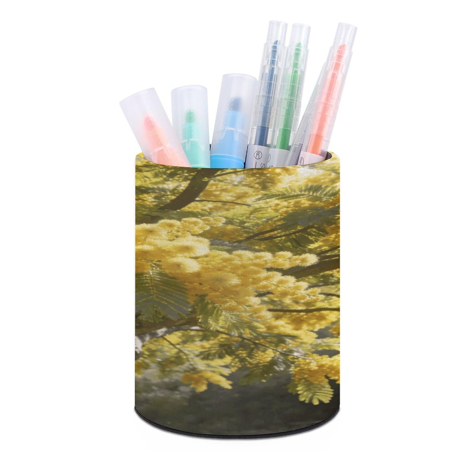 Acacia Pen Holder Multi-Functional Round Pencil Holder Cute Office Decoration Pen Cups Simple Design PU Leather Paintbrush Cups for Home Office Desk