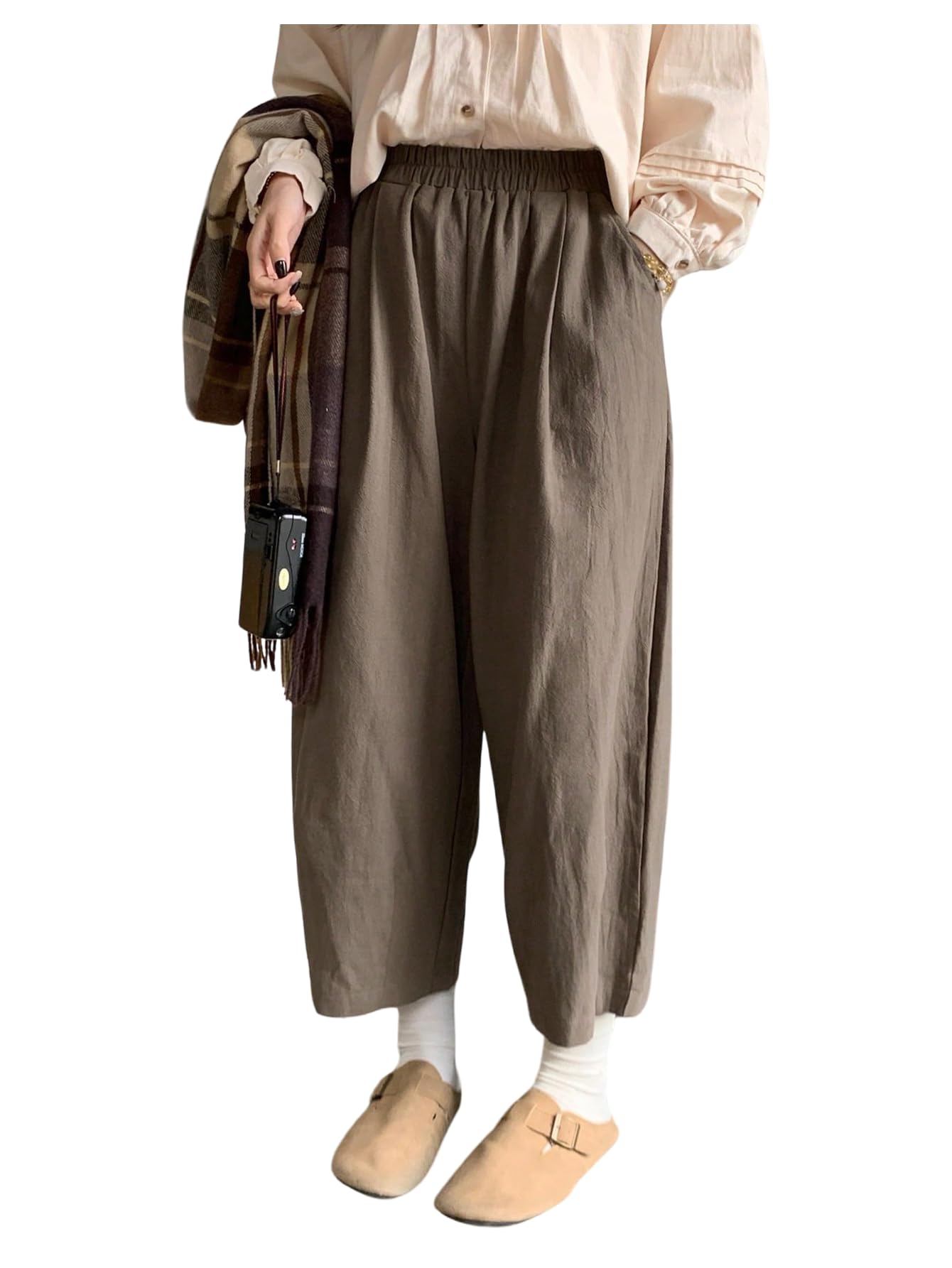 OYOANGLE Womens Elastic Waist Straight Leg Cropped Pants Basic Solid Casual Lounge Trousers