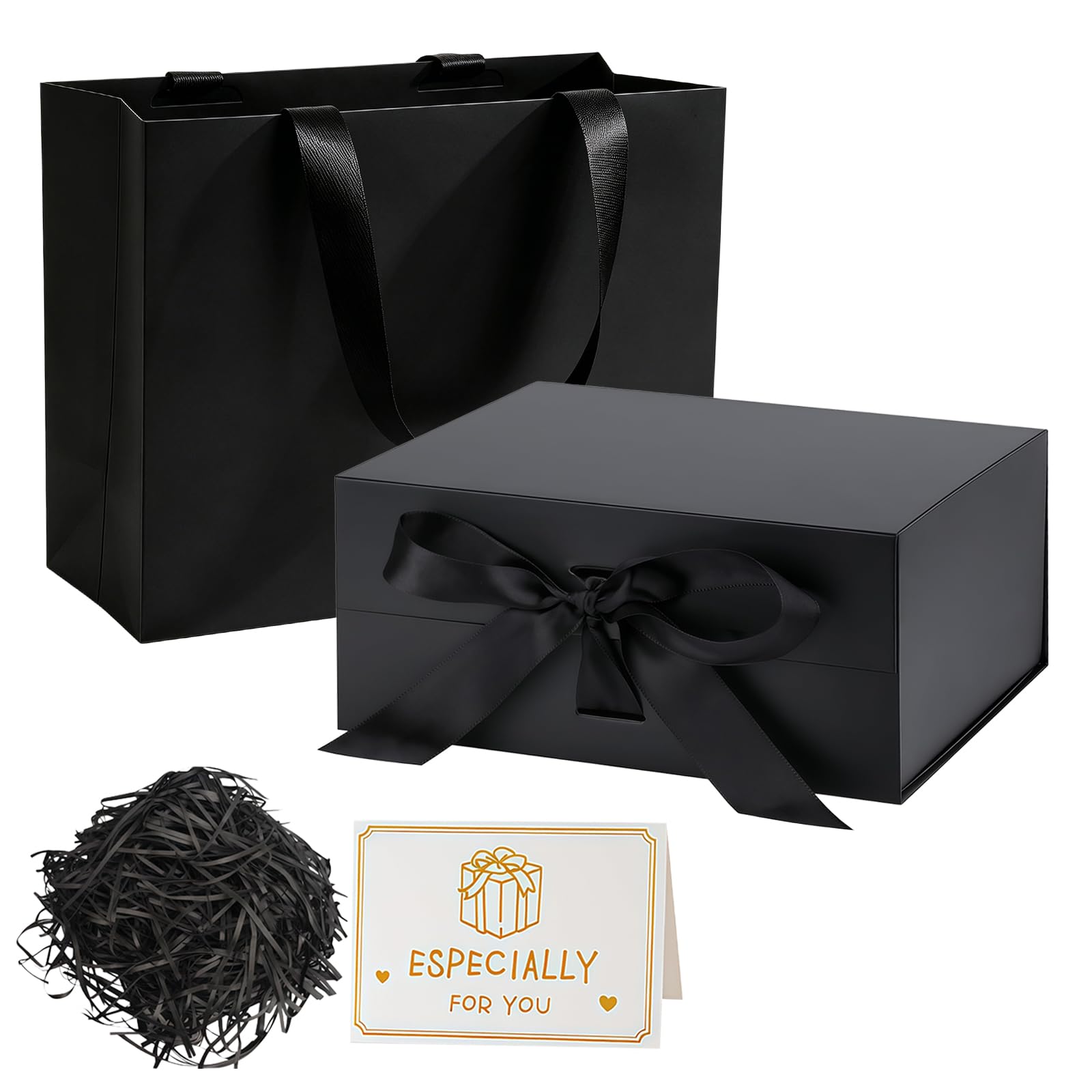 Gift Box with Lid, Black Magnetic Gift Box 22 x 17 x 8.5 cm, Luxury Present Box Set with Gift Bag, Ribbon, Greeting Card & Raffia for Birthday Wedding Bridesmaid Christmas