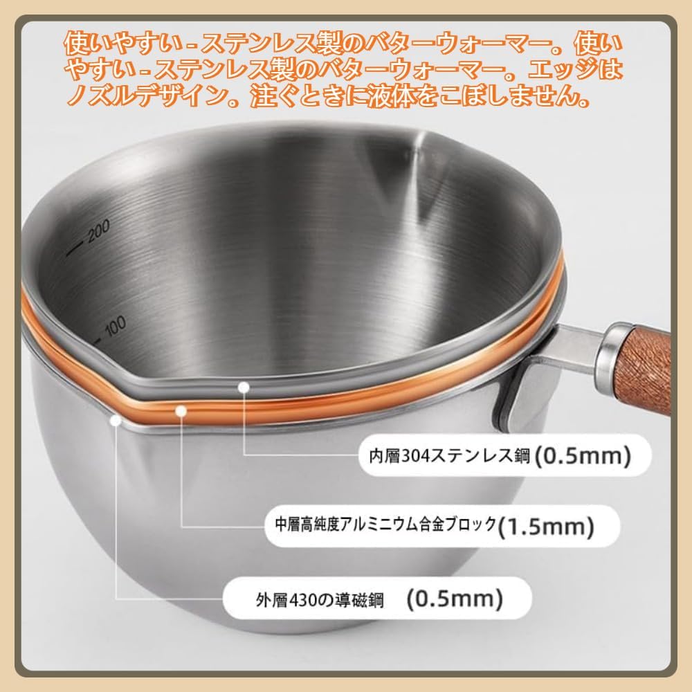 Joxoilso ミルクポット、片手ポット、ミルクポット、304 ステンレス鋼の肥厚キッチン家庭用 無垢材ハンドルロングハンドル I