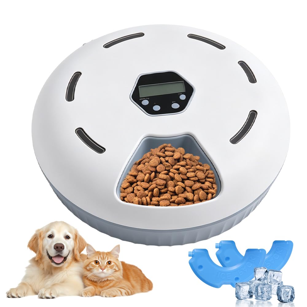 Comedero Automatico Gato, HOVCEH Dispensador para Comida Humeda Gato, Dispensador Comida Ga-to con Temporizador y 2 Paquetes de Hielo, 6 Comidas, El Temporizador se Puede Ajustar Libremente