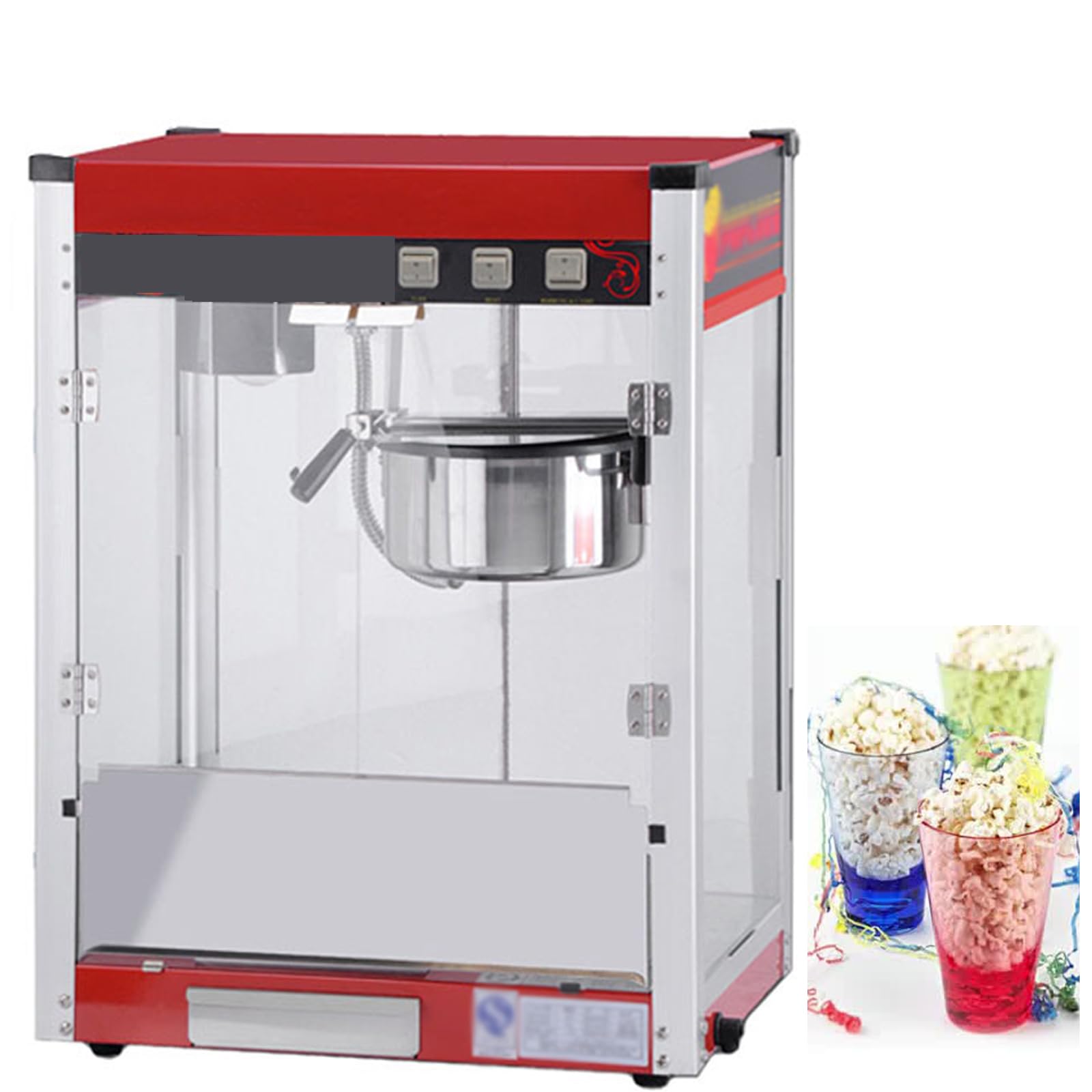 Maszyna do popcornu Gourmet, elektryczna maszyna do popcornu o mocy 1,5 kW, ze stalowym czajnikiem, przełącznikiem trzyprzyciskowym, odpowiednia na przyjęcia rodzinne i dla dzieci