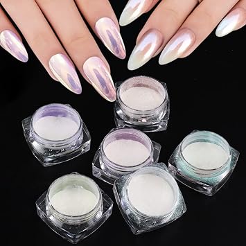 6 Jars White Pearl Chrome Nail Powder Iridescent Aurora Nail Glitter Pigment for Nails Art Design Holographic Mermaid Fairy Manicure Acrylic Shell Dust Chameleon Magic Mirror Effect with Tools