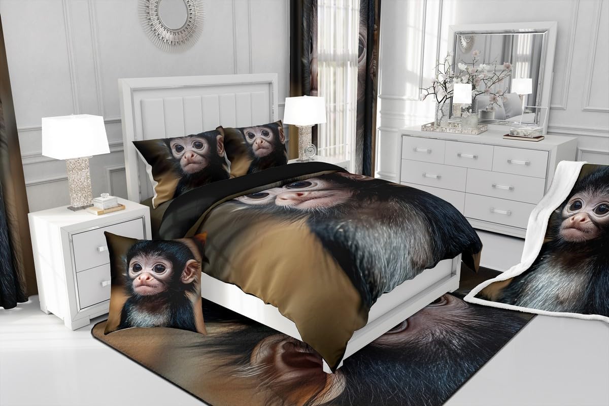 Erosebridal Monkey Duvet Cover Wild Animal Bedding Set for Child Girls Youth,Wildlife Comforter Cover Wild Safari Theme Bedspreads Cover with Zipper Closure Bedroom Decor King Size Black