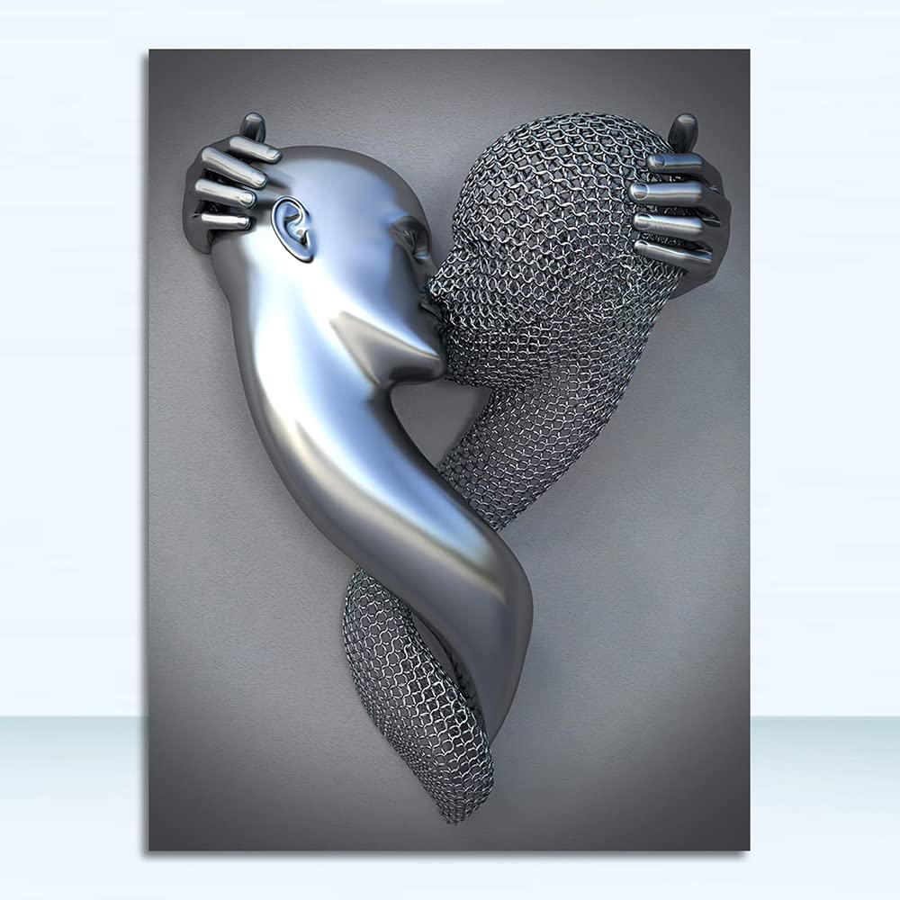 Youihom 3 Tableau Portrait Statue Metal Abstrait Impression sur Toile Gris Affiche Amour Couple Sexy Romantique Salon Décoration Murale 3d Poster Chambre Adulte Moderne Cadeau sans Cadre (50x70cm)