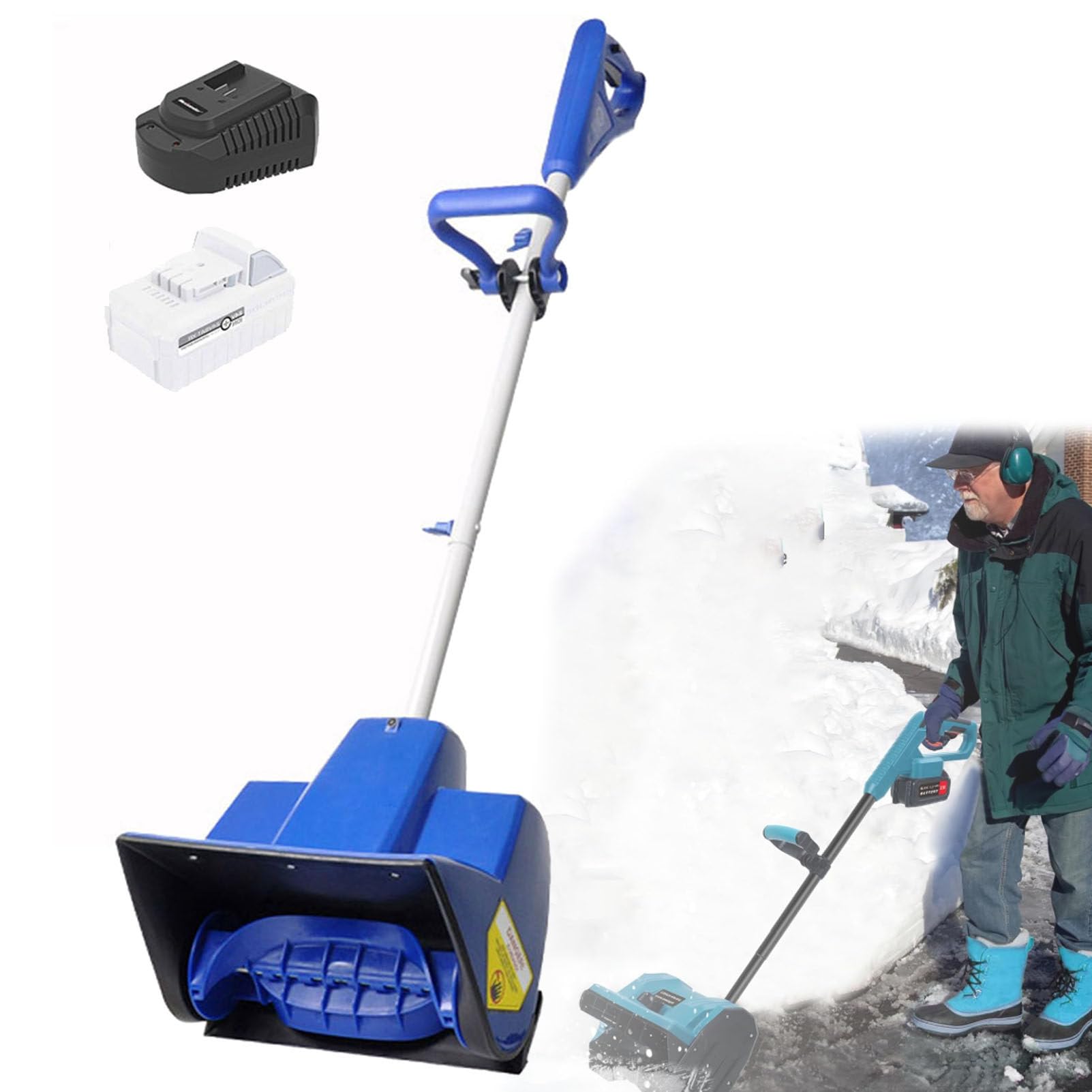 Pala da neve elettrica senza fili, 24 V alimentato a batteria spazzaneve, percorso di sgombero da 28 cm, distanza di lancio di 50 metri, ventilatore portatile con batteria e caricabatterie