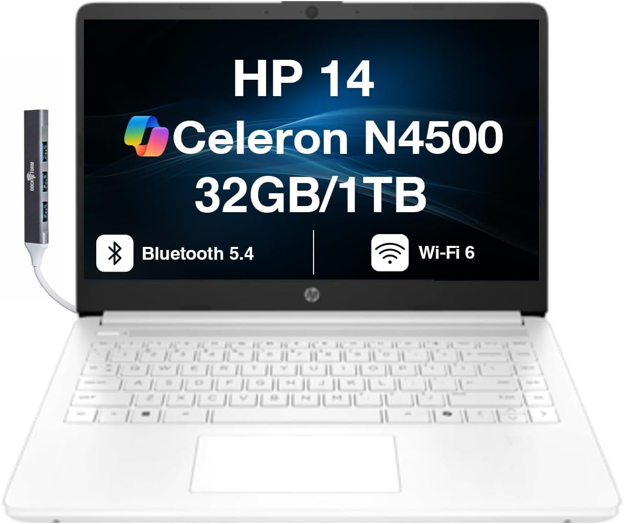 HP 14 Student & Business Laptop 14.0" HD Display (Intel Celeron N4500, 8GB DDR4, 256GB PCIe SSD, Intel UHD, WiFi 6, Webcam, Bluetooth 5.3, Jet Black, Win 11 Pro) w/DKZ USB Port Expander