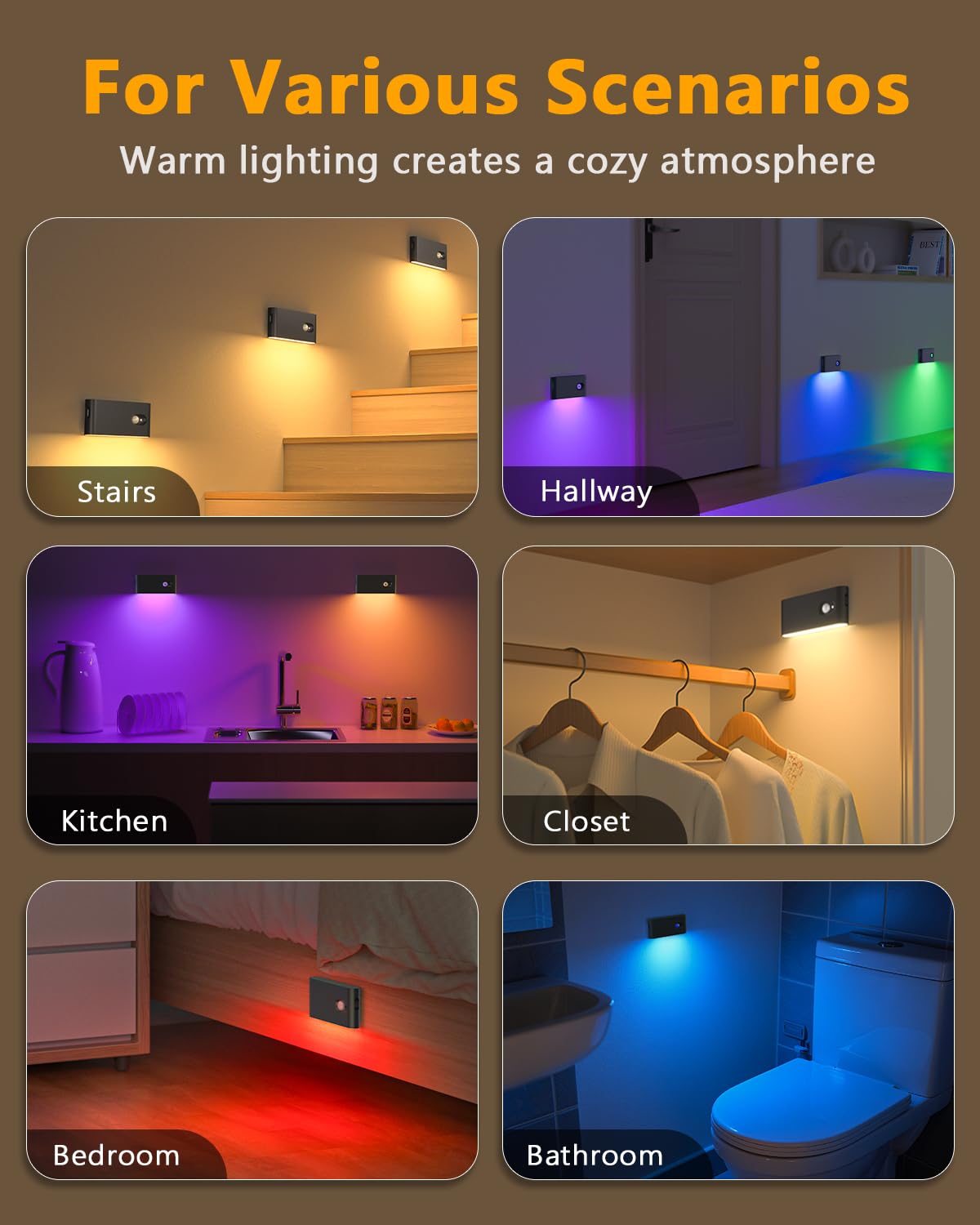 WILLED Luces RGB y blancas cálidas con sensor de movimiento para interiores, luz nocturna inalámbrica con sensor de movimiento, luces LED recargables por USB, luces magnéticas para armario, pasillo