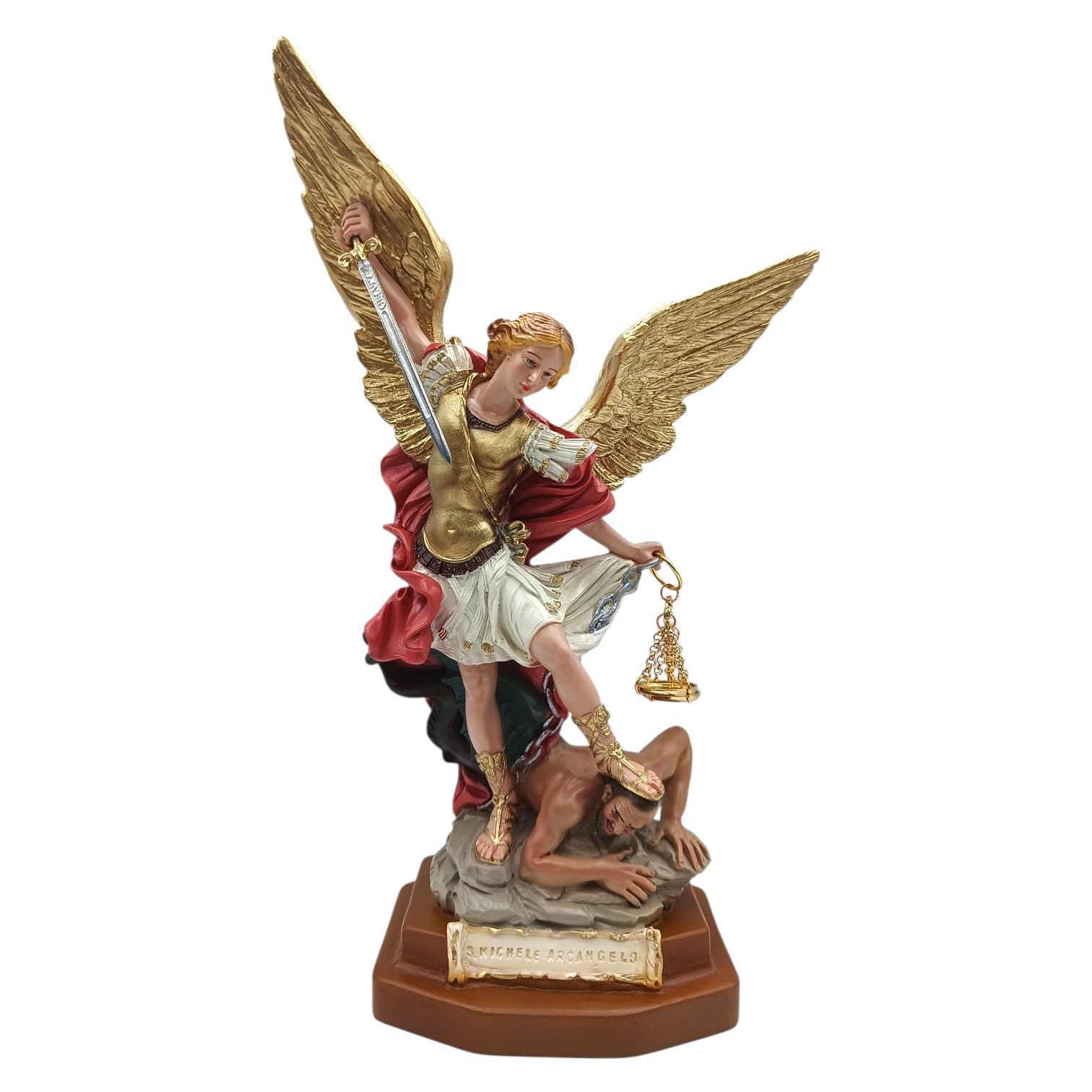 Generico Statua di San Michele Arcangelo, 33 cm, Resina Decorata a Mano, Spada e Bilancia in Metallo, per Interni ed Esterni, Made in Italy