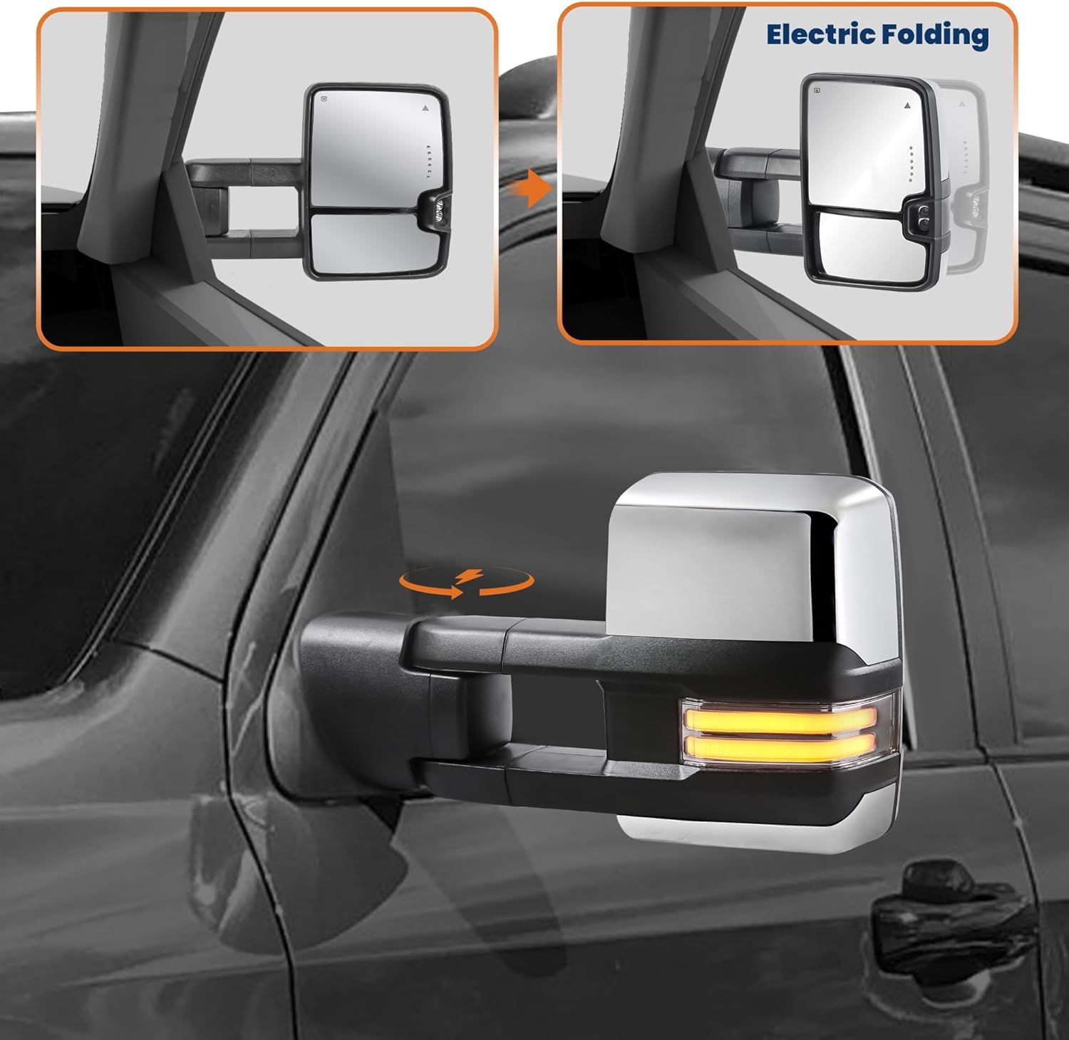 KUIPERAUTO Power Fold Towing Mirrors with BSM Compatible for 2007-2021 Toyota Tundra/ 2008-2021 Sequoia w/Sequential Turn light, Parking Lamp Chrome Housing 2PCS