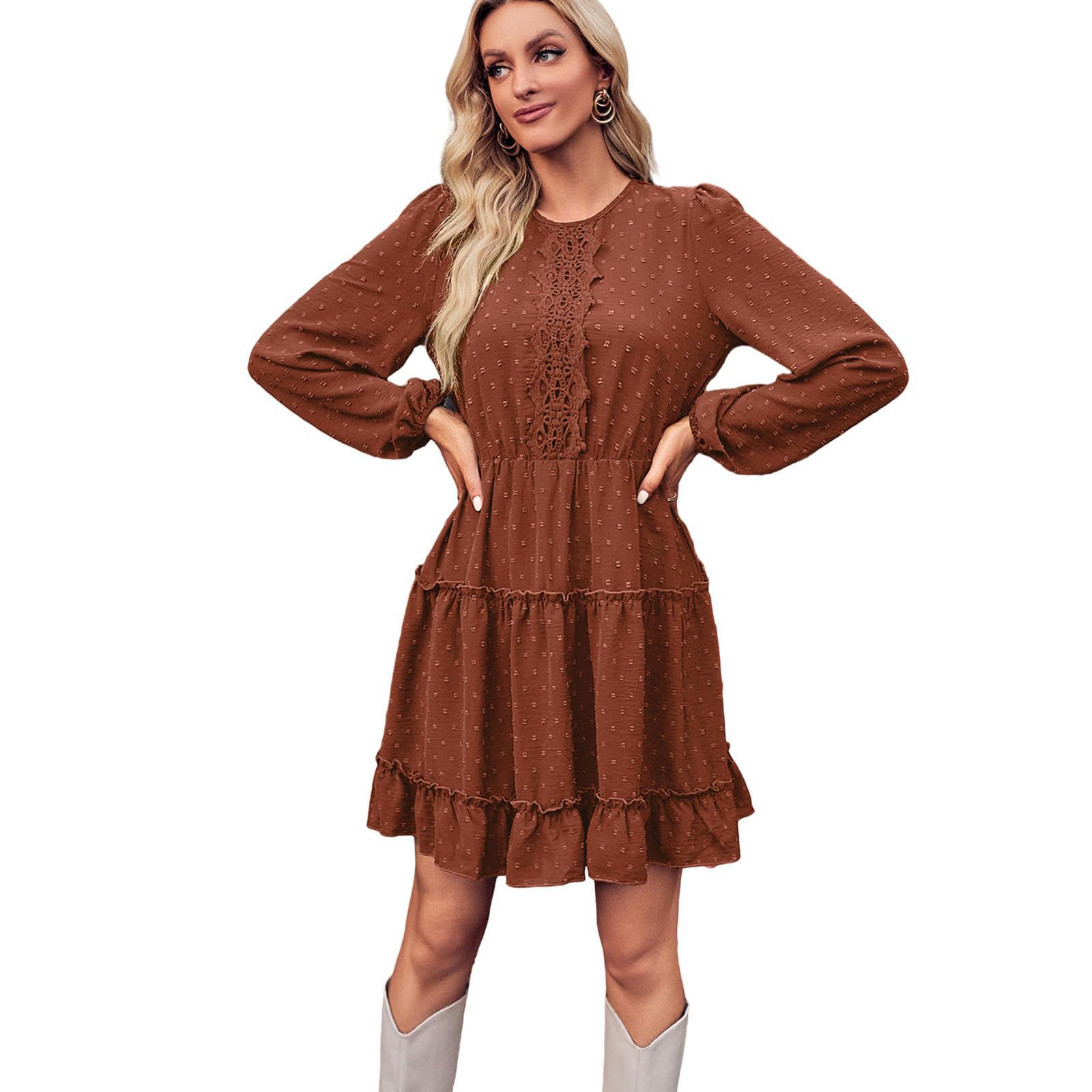 Vestito Lungo Donna Gonna Elegante Casual da Donna, Scollo Tondo, Corsetto, Abiti in Pizzo per Donna, Maniche Lunghe, Scollo A V, Cuciture in Pizzo, Orlo A Strati-Rosso-l