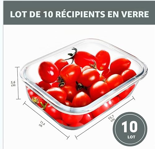 VERONES Lot de 10 récipients 22oz lot de boîtes à repas en verre avec couvercles hermétiques, récipients en verre avec couvercles pour la conservation des aliments - 2