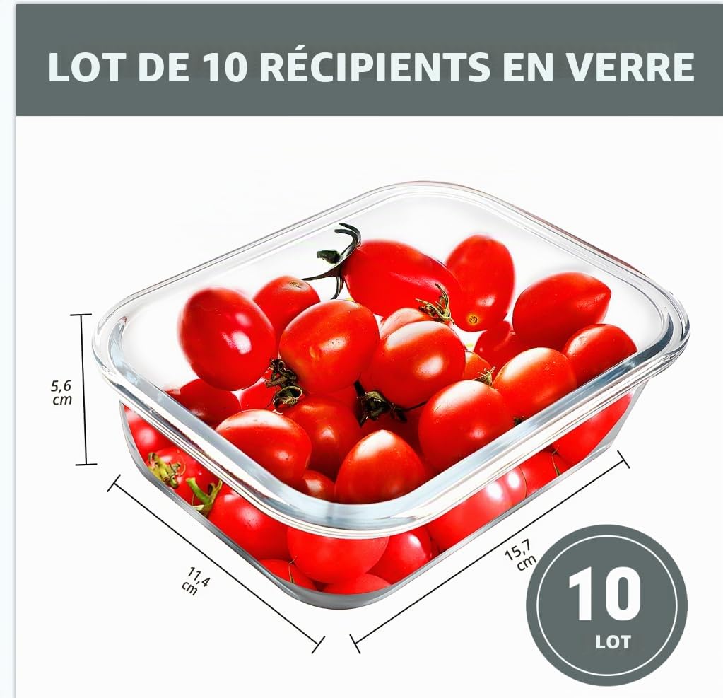 VERONES Lot de 10 récipients 22oz lot de boîtes à repas en verre avec couvercles hermétiques, récipients en verre avec couvercles pour la conservation des aliments
