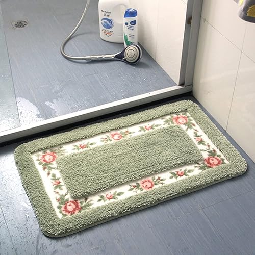 Miniatura 9 de vctops Elegante tapete de baño con diseño de rosas y flores, tapete de bienvenida para cocina, suave, antideslizante, absorbente, ovalado, verde, 18