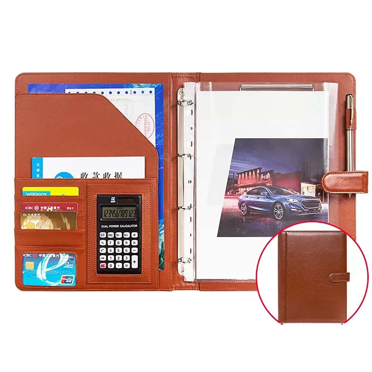 Organizador de Carpetas Padfolio Carpeta de 4 Anillas Carpeta de Cuero de PU Entrevista de Negocios Organizador de Documentos con Funda for Recibos y Tarjetero(Brown,12 bit Calculator)
