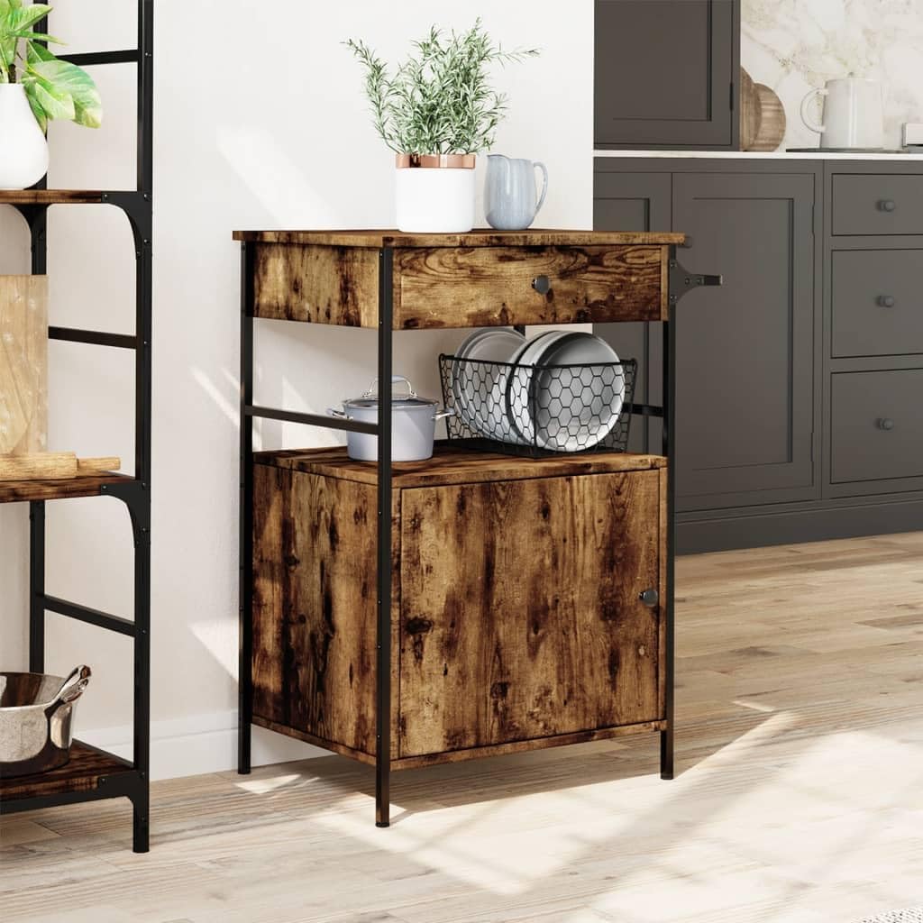 Kitchen Trolley Smoked Oak Engineered Wood 22"x16.9"x35.2" Rolling Kitchen Cart with Wheels, Kitchen Storage Cart, Mobile Food Cart, Durable Serving Cart, Kitchen Island Cart