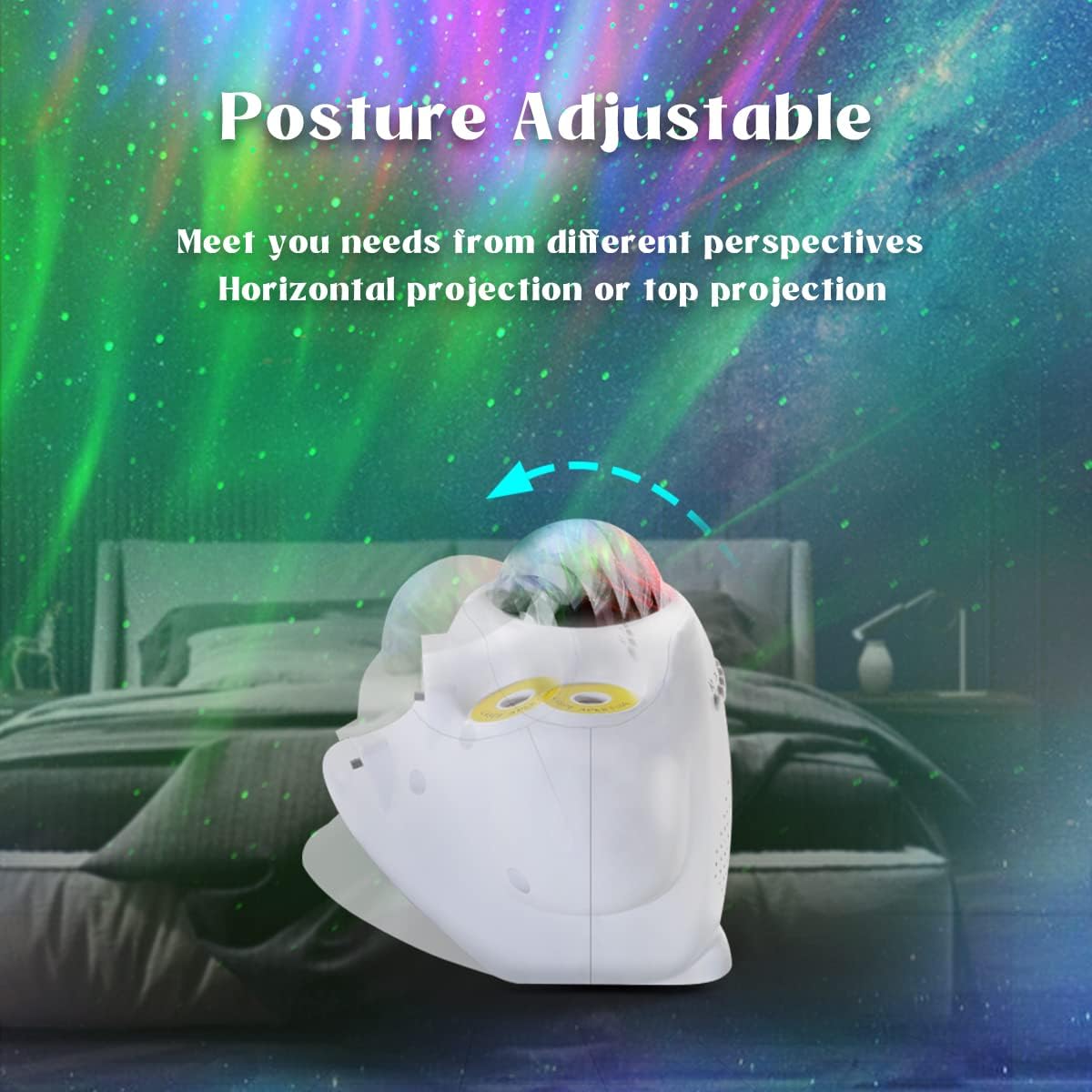Fuegobird Galaxy Night Light Projector showing adjustable posture at a 45-degree angle