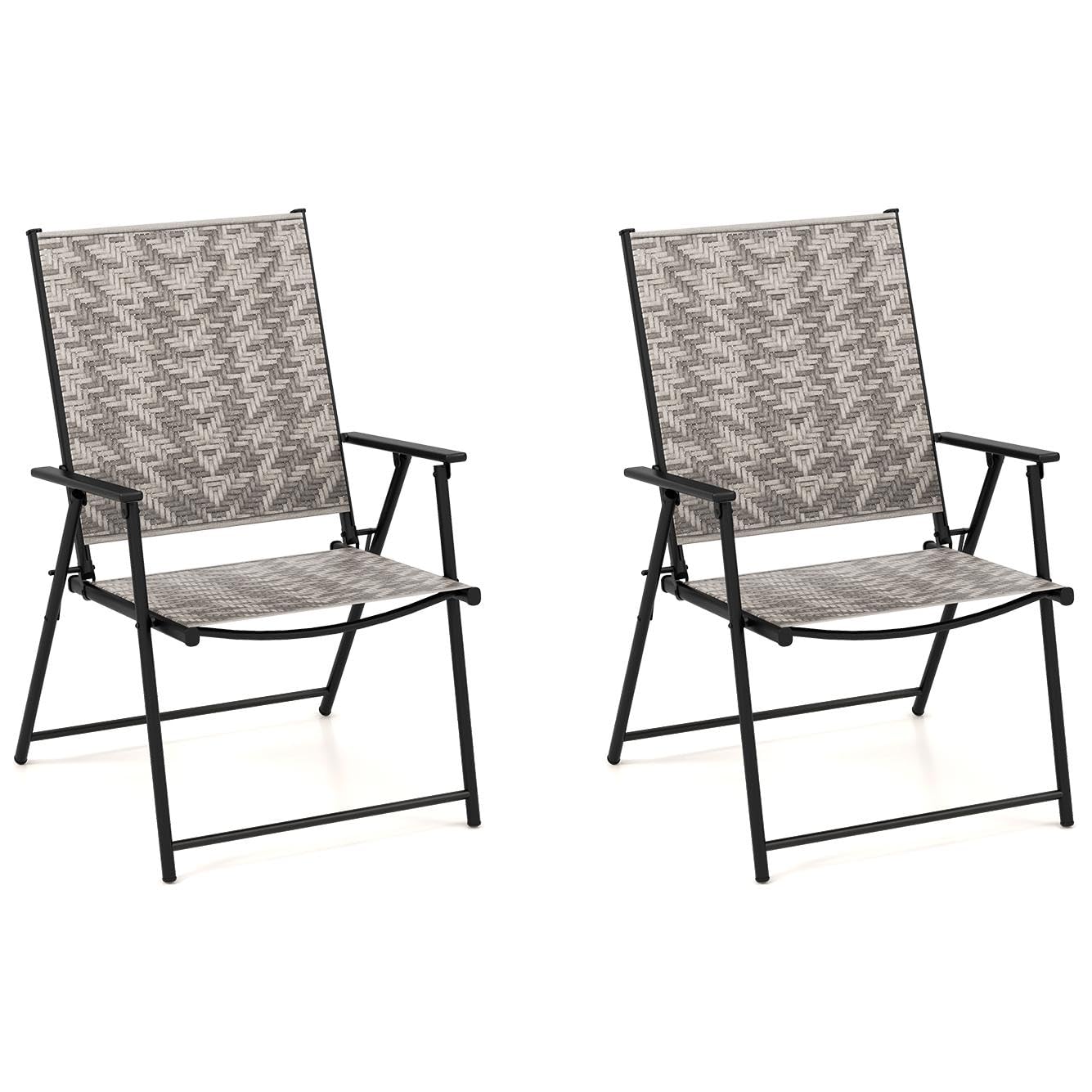 TANGZON Folding Garden Dining Chairs Set of 2, Breathable PE Rattan Outdoor Chairs with Armrests & Backrest, Patio Chairs Seating for Lawn Balcony Poolside Backyard Bistro Camping